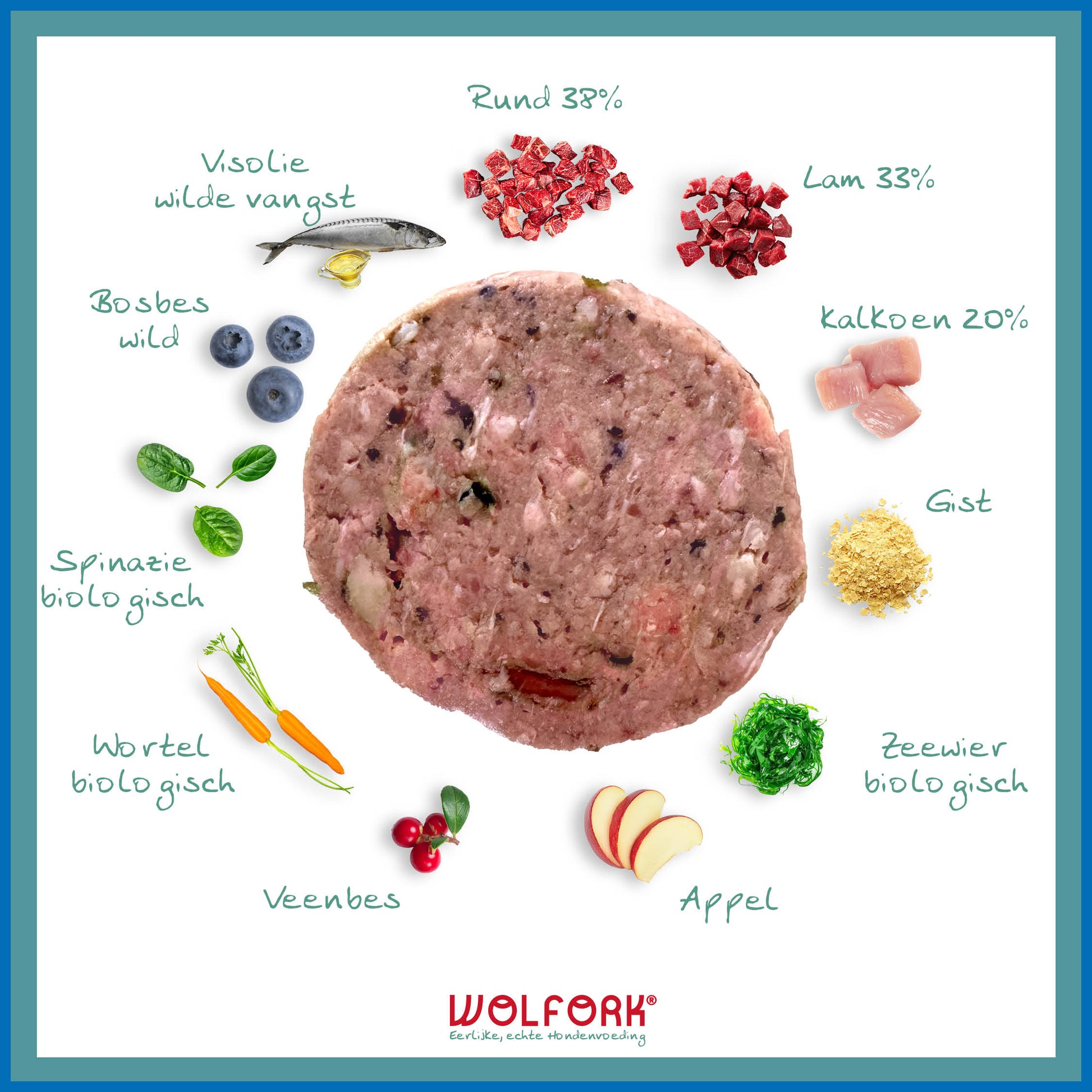 Overzicht van ingrediënten in Wolfork Adult Dieet Compleet | Kipvrij hondenvoeding.