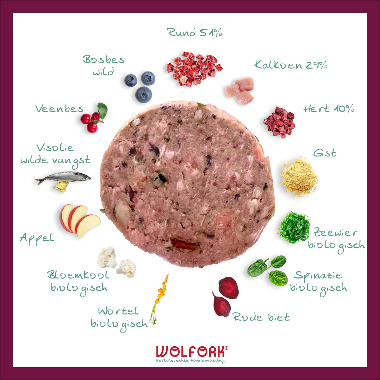 Overzicht van ingrediënten in Wolfork Senior Compleet | Kipvrij hondenvoeding.