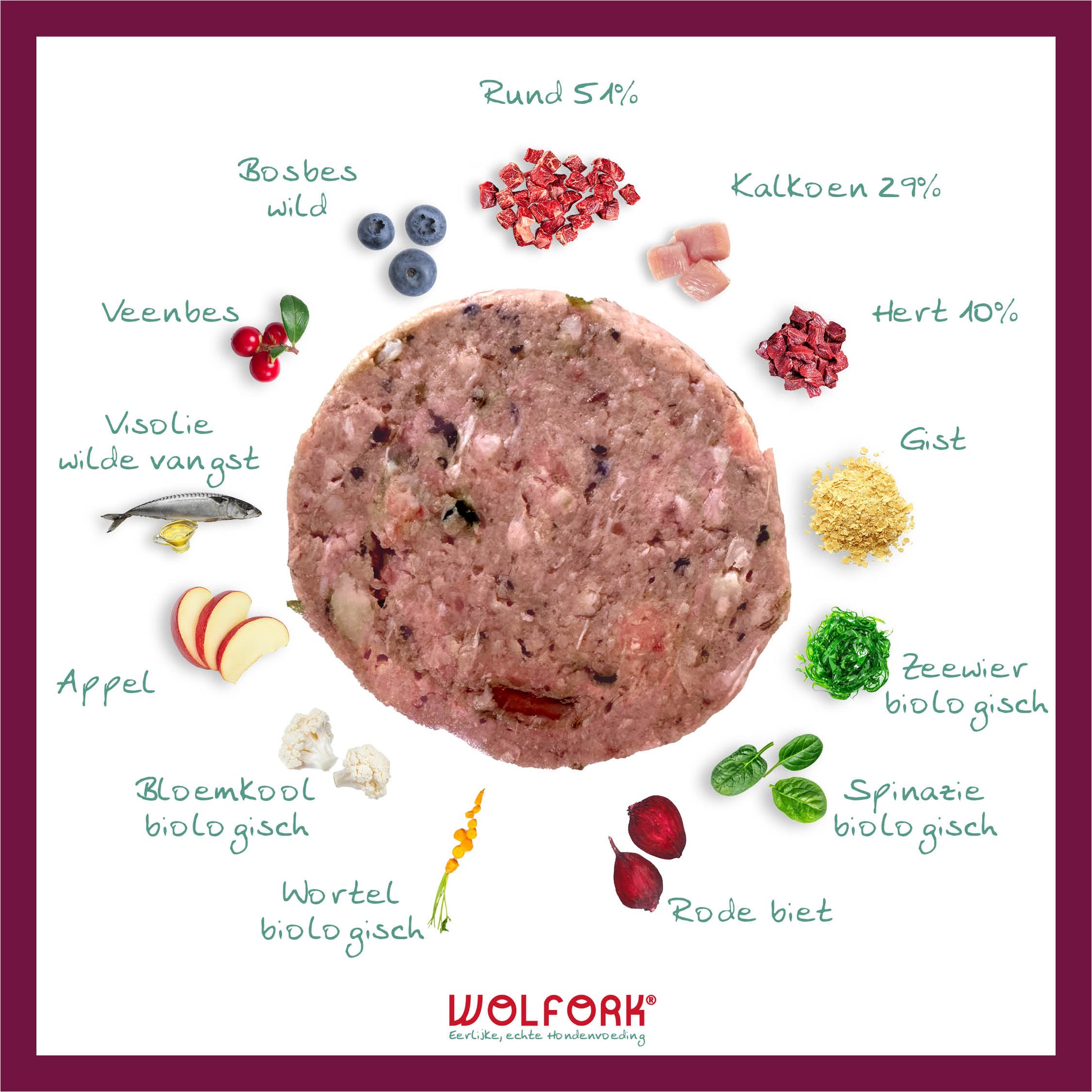 Overzicht van ingrediënten in Wolfork Senior Compleet | Kipvrij hondenvoeding.