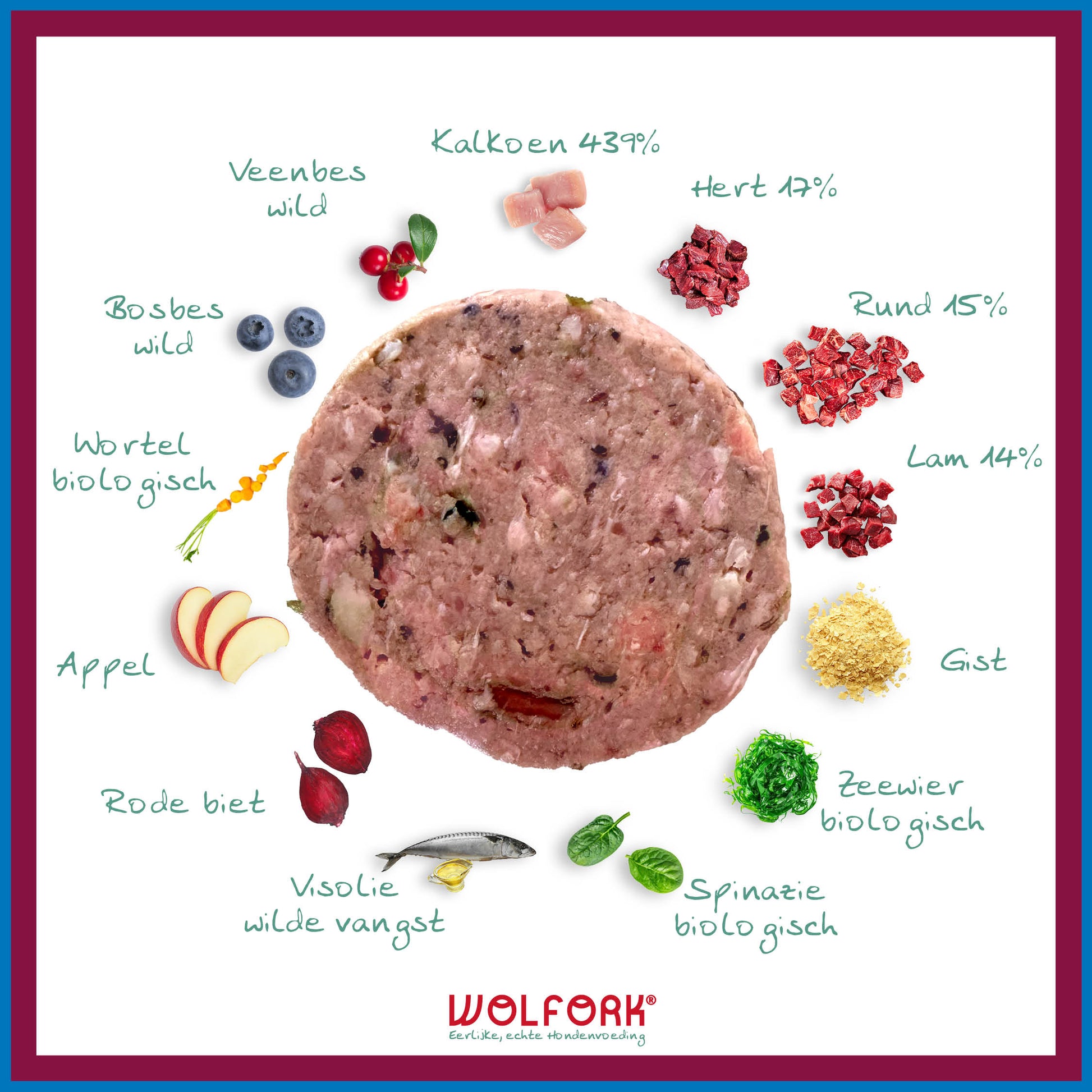 Overzicht van ingrediënten in Wolfork Senior Dieet Compleet | Kipvrij hondenvoeding.