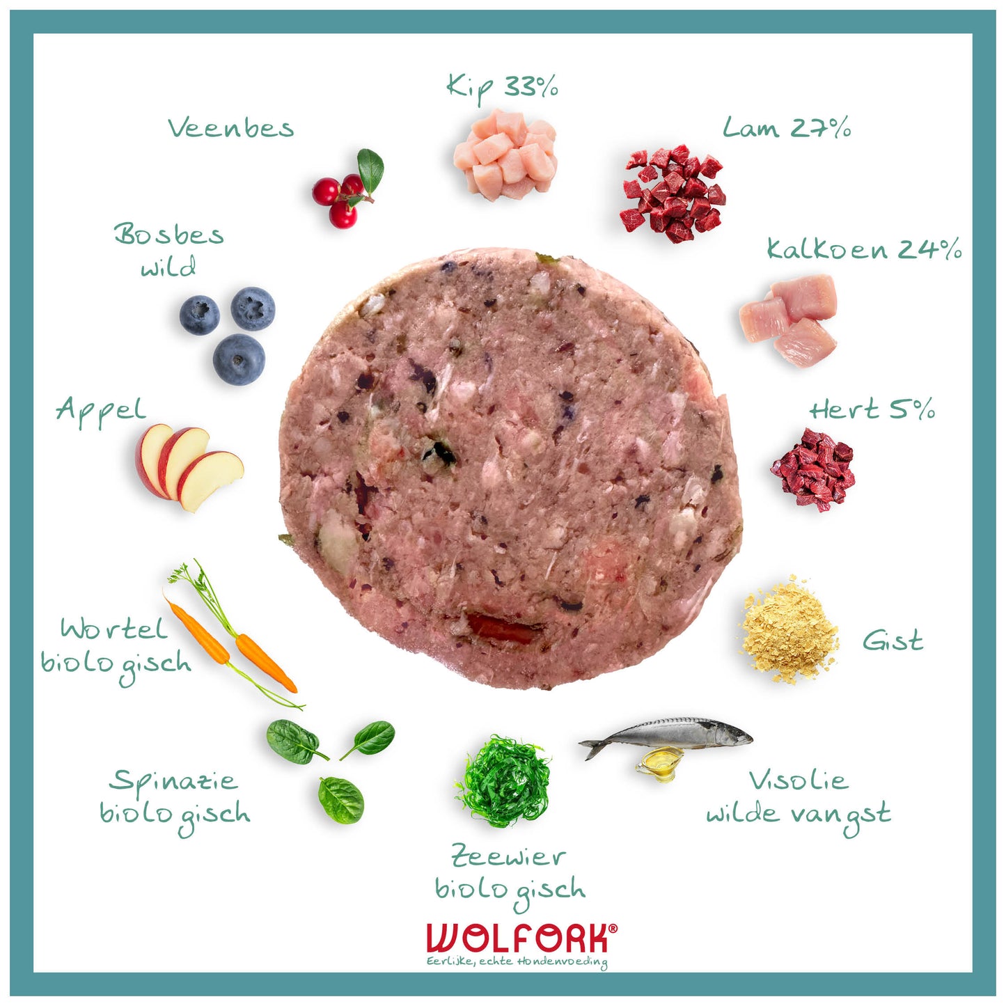 Overzicht van ingrediënten in Wolfork Adult Compleet | Rundvrij hondenvoeding.