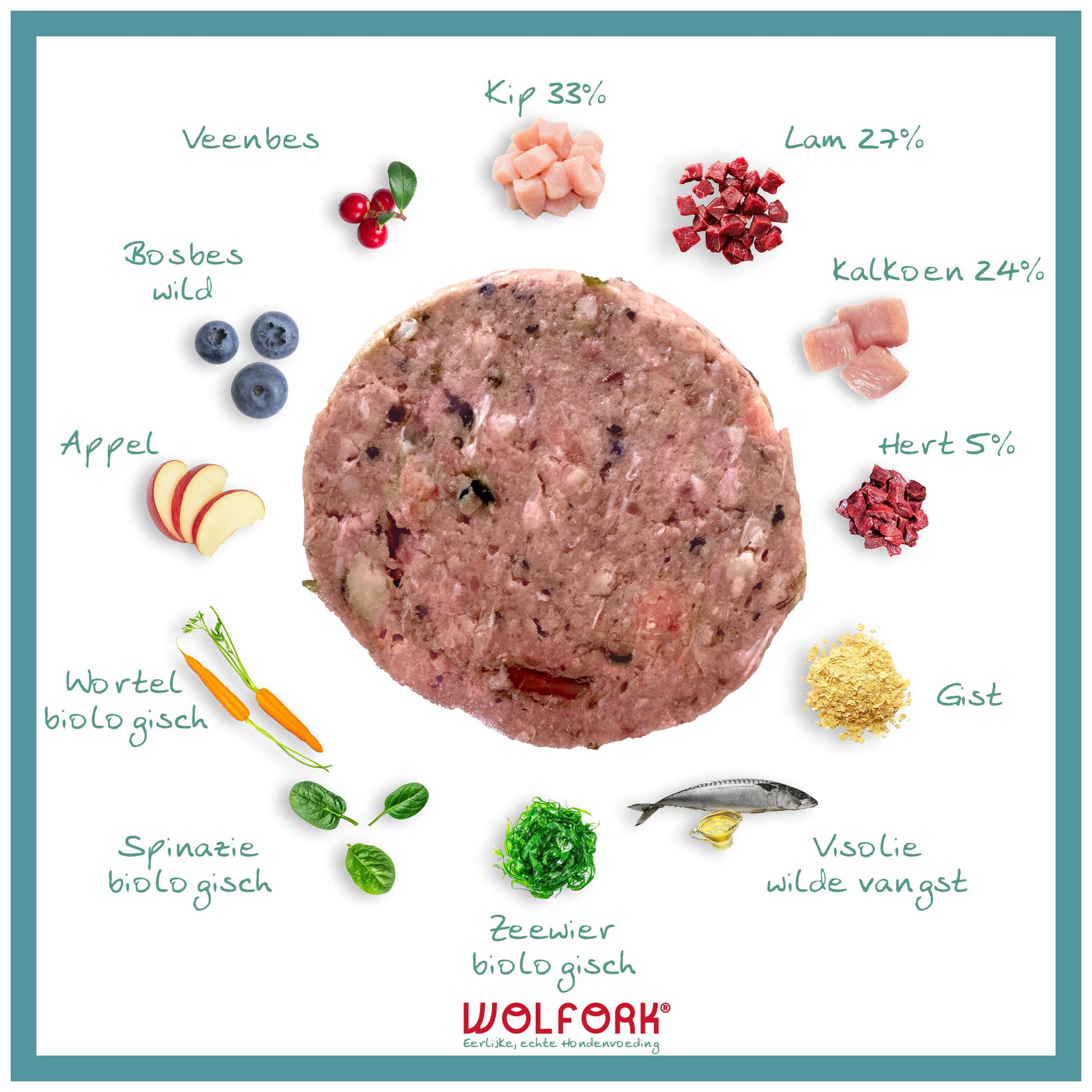 Overzicht van ingrediënten in Wolfork Adult Compleet | Rundvrij hondenvoeding.