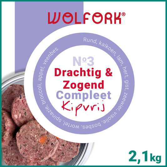 Wolfork Drachtig & Zogend Compleet | Kipvrij. 100% natuurlijke rauwe hondenvoeding.
