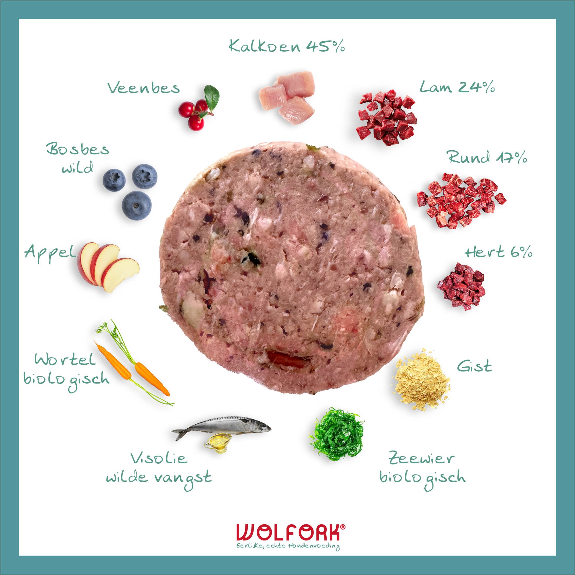 Overzicht van ingrediënten in Wolfork Adult Compleet | Kipvrij hondenvoeding.
